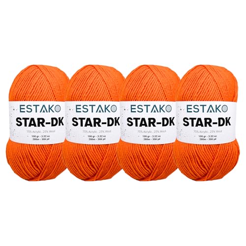 Estako Star-DK Soft Yarn for Crocheting, DK Weight 3, 4-Pack, Orange | 75% acrylic 25% wool, 4 skeins, 400 g, 1224 yds, amigurumi, granny squares, socks, beanies, mittens, plush toys - color: 32192 - Orange, size: Pack of Four