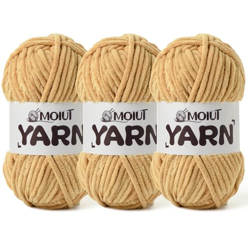 3 Pack Fluffy Chenille Yarn for Crocheting, Chunky Velvet Yarns for Crochet Amigurumi, Baby Yarn for Crocheting Soft Blanket, 262.4yds /10.5 oz Bulky Yarns for Crafts/Hats/Shoes/Socks (3 Khaki) - color: 3 Khaki