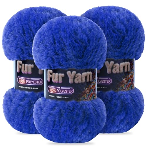 Faux Fur Yarn Soft Fluffy for Crocheting - 3 Skeins(Each 3.5oz/100g, 71yd/65m) - Chunky & Fluffy Yarn for Crochet Amigurumi, Blankets, Hand Knitting, Scarves &Crafts (3, Sapphire Blue) - color: Sapphire Blue