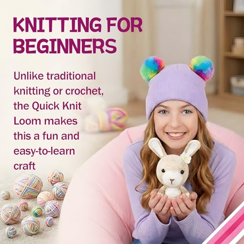 ROHSCE Sentro 22 Needle Knitting Machine, DIY Crafts for Beginners | Hand Crank Knitting Loom Machine with Built-in Row Counter, DIY Crafts Kits, Hat and Scarf Making - color: Pink-White Rabbit Loom