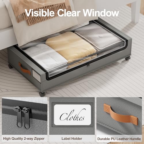 LAMU Under Bed Storage with Wheels, 2Pack Underbed Storage Containers, Grey | Smooth-rolling Wheels, Clear Lid & Label, Sturdy Metal Frame, Easy Install, Rolling Storage Drawers for Clothes, Shoes, Toys - color: Grey, size: 2 Pack