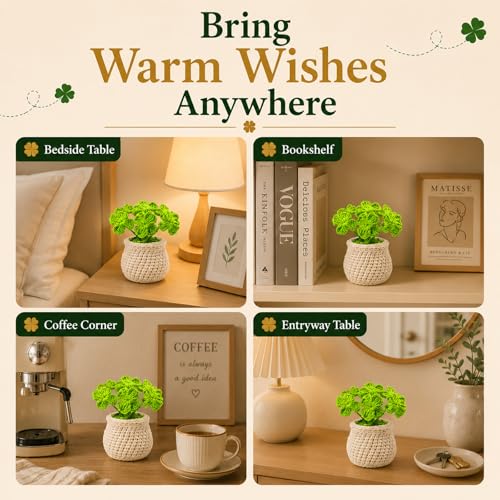 Handmade Crochet Plant Four Leaf Clover Flower Pot for Thank You | A heartfelt handmade gift that brings happiness, friendship, and warm wishes. Perfect for mom, friend, and thinking of you. - color: Clover-white Pot