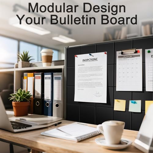 24 Pack Large Felt Bulletin Board for Walls, 48" x 72" Mega Coverage (24 SQ FT), 12"x12" Square Pin Board Tiles with 60 Push Pins & 140 Strong Adhesive Tabs, Black - color: Black