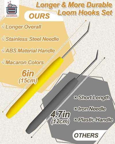 UCDRMA Knitting Loom Hook Refill Set, 8PCS Longer Stainless Steel Loom Knitting Hook (6in) with Comfortable Grip, Macaron-Colored Loom Crochet Hooks Kit & 16 Sewing Needles, Nice Crochet Loom Tools - color: Macaron-colored (8PC)