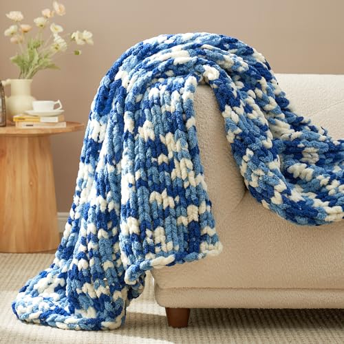 Chenille Chunky Knit Throw Blanket for Couch 50"x60", Space-Dyed Blue | Handmade Chenille Crochet Throw for Sofa Bed, Thick Cable Knitted Blankets for Room Home Decor, Birthday Gift for Women - color: Blue&white, size: 50"x60"