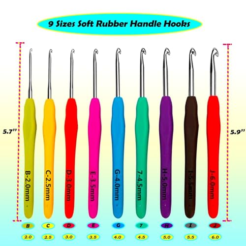 Yarniss 9 Sizes Ergonomic Crochet Hooks with Case 2.0mm~6.0mm for Beginner | Comfortable Crochet Hooks Set with Soft Grip - size: 9 Size(2.0~6.0mm)