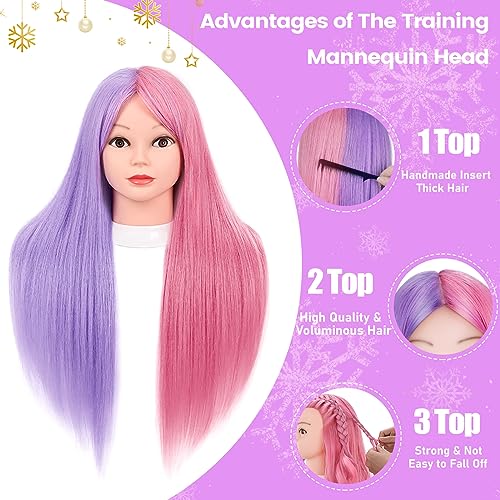 MYSWEETY Mannequin Head with Hair, Doll Head for Hair Styling, 26" Manikin head with 70% Real Human Hair Cosmetology Makeup Hairdressing Training Head with Clamp Holder and Tools - color: Purple & Pink
