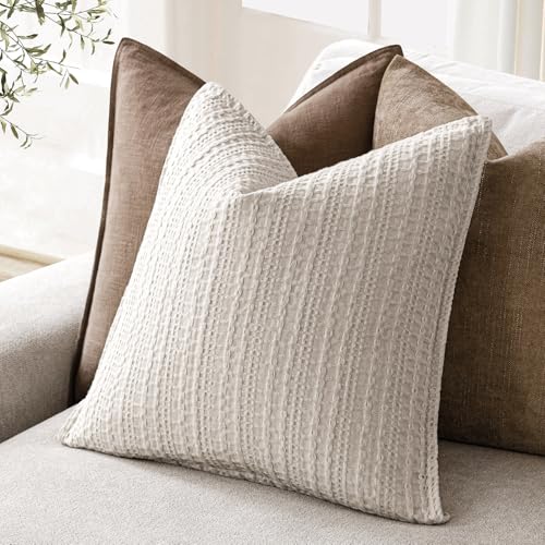 Foindtower Set of 2 Decorative Cotton Waffle Weave Throw Pillow Covers Euro Shams Cushion Covers Accent European Pillowcase for Bed Couch Sofa Bedroom Living Room Home Decor 22×22 Inch Oatmeal - color: Oatmeal, size: 22" x 22" (Pack of 2)