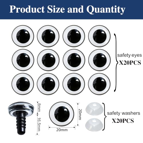 40Pcs 3D Clear Safety Eyes and Washers - Thalinfayi 20mm Round Pupils Safety Eyes Crochet Amigurumi Eyes for DIY Crochet Doll, Amigurumi, Crafts Supplies - color: Round Pupils Safety Eyes, size: 20mm(0.79inch)