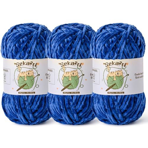 3 Pack Fuzzy Chenille Yarn for Crocheting, Velvet Baby Blanket Yarn for Crocheting, Soft Plush Yarn for Hand Knitting, (300 g/393yds) Fluffy Amigurumi Crochet Yarn (3 Royal Blue) - color: 3 Royal Blue