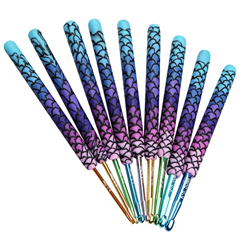 Coopay Warm Crochet Hooks, Soft Crochet Hooks Set for Pro.-Purple Mermaid | 9 Size 2.25- 6.5mm Ergonomic Handle Mermaid Extra Long Crochet Needles for Arthritic Crocheting Yarn Craft Set, Ideal Gift - color: Purple Mermaid