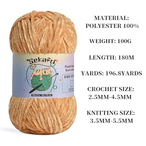 3 Pack of 300g (590yds) Fuzzy Chenille Yarn for Crocheting,Fluffy Amigurumi Crochet Yarn for DIY Craft/Hat/Clothes, Soft Velvet Baby Blanket Yarns（3 Khaki） - color: 3 Khaki