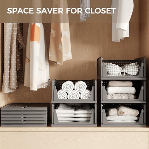 6 Pack Closet Organizer Storage Bins Stackable Plastic Drawer Shelf | Basket for Clothing Stackable Storage Bins Shelf Storage Container for Closet Wardrobe Bedroom Bathroom Office Black Foldable - size: 6 Pack L