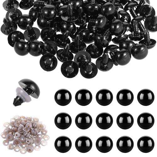 Bewudy 100pcs 15mm Plastic Safety Eyes with Washers, for Crocheting (Black) | Safety Eyes, for Teddy Bear, and Crochet, Stuffed Animals