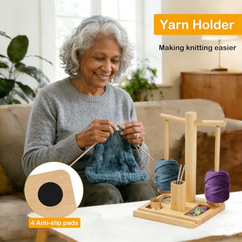 DOUBFIVSY Wooden Yarn Holder for Crocheting and Knitting, Magnetic Rotating Yarn Spinner with 2 Spindles, Phone Holder, Needle Storage, Crochet Gift for Knitting Lovers, Women Grandma Mother (Natural) - color: Natural