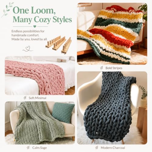 46-Inch Chunky Blanket Loom, Adjustable 3-Section Wooden Frame | Modular Design, No-needle Required, for Chunky Yarn Blankets, Lap Throws, Pillow Covers, and Beginner DIY Knitting Projects