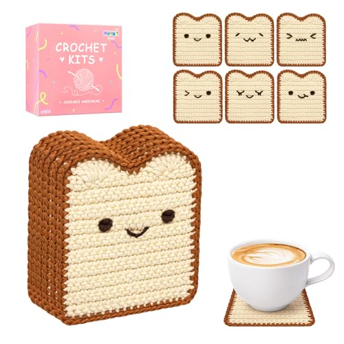 Mewaii Crochet Kit for Beginners, 6 Pack Toast Coaster Craft Set | 40% Extra Yarn, Video Tutorial, Pre-Started Piece, Beginner Friendly, Family Craft Gift for Adults & Kids - color: White