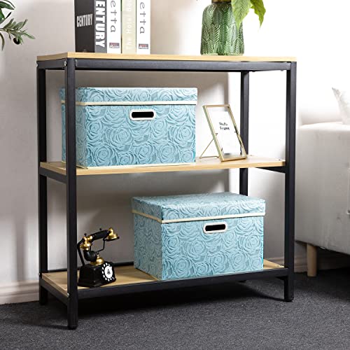 PRANDOM Collapsible Storage Cubes with Lids Fabric Decorative Storage Bins Boxes Organizer Containers Baskets with Cover Handles for Bedroom Closet Living Room 14.9x9.8x9.8 Inch 3 Pack - color: Blue, size: Medium(3-Pack)