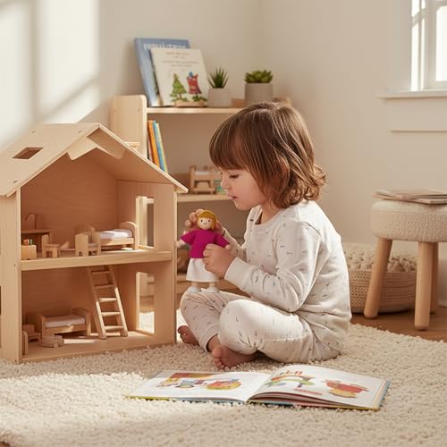 PlanToys® Mother Dollhouse Wooden Figurine Poseable 1:12 Scale 5-Inch Doll | mom character, doll house people accessories, bendable arms, kids pretend play, girls storytelling gift ages 3+ for boys - color: Caucasian Mom