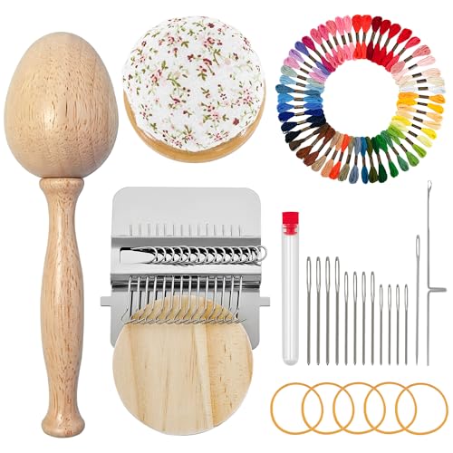 Mini Darning Loom,Egg Knitting Patch Kit with 14 Hooks Small Weaving Loom 13 Pcs Large Eye Needles 50 Color Threads for Handcraft DIY Weaving Repair Tool Darning Kit for Beginners Mending Jeans Socks - color: Egg-14 Hook