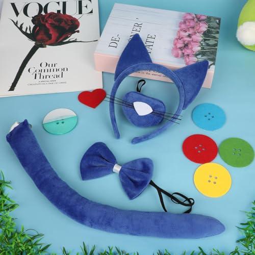 Mototo Zoo Animals Costume Accessories Set Animal Ears Headband for Adult with Tail Bow Tie for Halloween Dress Up Party - style: Blue Cat