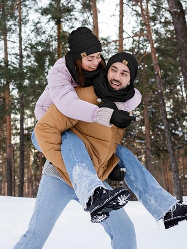 LOROME Winter Beanie Hat Scarf Gloves, Warm Fleece Knit Neck Scarf Set Gift | Hats Gloves Scarf Set, Touchscreen Gloves, Universal Size Neck Scarf Set Winter Gifts for Unisex Adult Winter Wear - color: Black