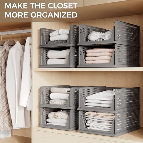 8 Pack Closet Organizer Storage Bins Stackable Plastic Drawer Shelf | Basket for Clothing Stackable Storage Bins Shelf Storage Container for Closet Wardrobe Bedroom Bathroom Office Grey Foldable - size: 8 Pack L