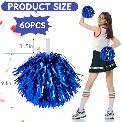 16/60/100PCS Pom Poms Cheerleading Metallic Foil Cheer Pom Poms with Plastic Handles, Cheerleader Pom Poms for Cheering Squad Team Spirited Sports Game Dance Party - color: gold and blue