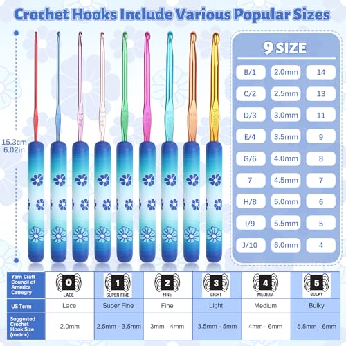 Coopay Warm Crochet Hooks Comfort Grip Longer Aluminum Crochet Hook Set | 9pcs 2.0mm-6.0mm(B-J) Smooth Crochets Needles Set for Crocheting, Blue Flower Soft Handle for Beginners and Arthritic Gifts - color: Blue Flower