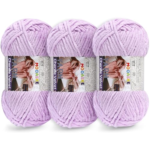 Mooaske Chenille Yarn for Crocheting, 300g/393yds Fluffy Baby Blanket Yarn | Soft plush thick chenille yarn for crocheting. 300g/393yd total. Ideal for baby blankets, amigurumi, scarves & home decor. - color: Light Purple