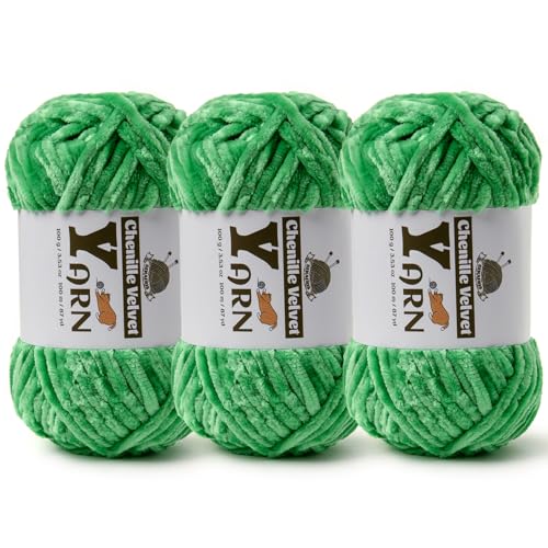 Chenille Crochet Christmas Green Yarn 3 Pack | Fluffy Velvet Yarn Blanket Knitting Yarn for Crocheting Soft Baby Yarn - color: 3 Christmas Green