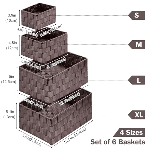 Storage Baskets: 6 Pack Stackable Woven Storage Bins, Brown | Decorative Woven Baskets for Organizing with Built-In Handles for Shelves, Closets, Cabinets and Cubbies, Gift Small Basket - color: Brown, size: 6 pack