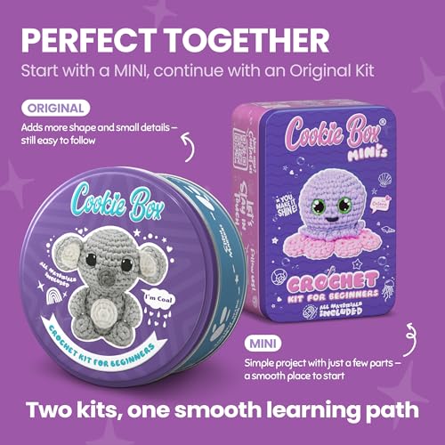 Cookie Box Crochet Kit for Beginners, Koala Coal | All Materials Included, Step-by-Step Video Tutorials, PDF Patterns, Easy DIY Craft, Amigurumi and Knitting Gift Set - color: Gray