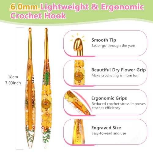 Katech 6.0mm Crochet Hook for Arthritic Hands, Long Aluminum Inline Hooks | Ergonomic Crochet Hooks with Dried Floral Grip-Elegant & Unique, Smooth Crochet Needle-Crochet Gift for Beginner&Crocheter - size: 6.0mm
