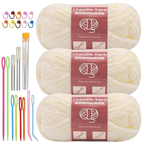 LUNARM Chenille Yarn 3 Pack 3.5oz Chunky Blanket Velvet Yarn 263 Yard | Beige Chunky Chenille Yarn for Beginners Crocheting Hand Knitting Scarves with Big Eye Needles Machine Washable - color: Beige