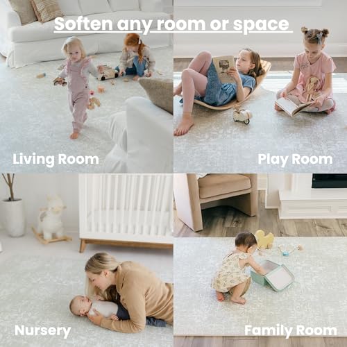 Little Landings Baby Play Mat for Floor - Eden (4x6ft) - Interlocking EVA Foam Play Mat Tiles for Babies & Toddlers, Non-Toxic Playmat for Tummy Time, Crawling & Playroom - Neutral Rug-Look Design - color: Eden - Sage Green, size: 4x6 ft