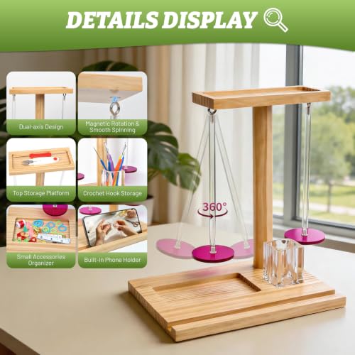 2 in 1 Yarn Holder for Crocheting, Knitting & Yarn Spinner, Crochet | Wooden Yarn Spinner with Magnetic Rotating Mechanism, Crochet Accessories, Portable Yarn Holder, Birthday Gifts for Women