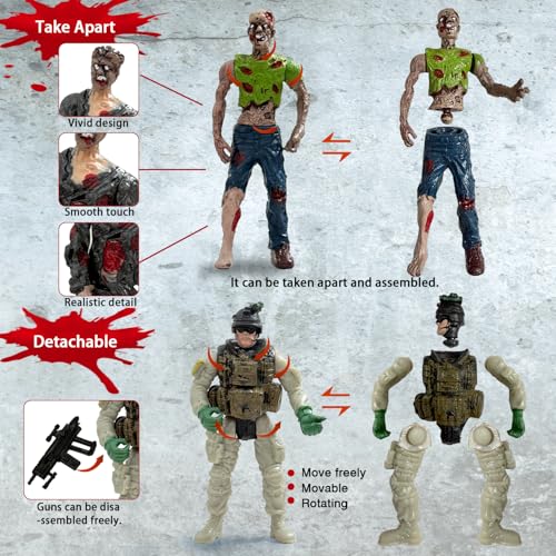 Army Men Action Figures VS Zombie Toys Action Figure Playset (20 Pcs) | Including 6 Detachable Army Men 6 Weapons 6 Zombie Figures 2 Military Dog Birthday Halloween Xmas Gift for Boys Kids - color: Gray