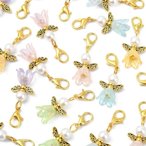 7-70Pcs Angel Wing Pendants Charms Miexed Color Acrylic Beads Charms Golden Dangle Pendants with Lobster Claw Clasps for Necklaces Bracelets Earrings Jewelry Making and Crafting - color: FlowerA-70 pcs