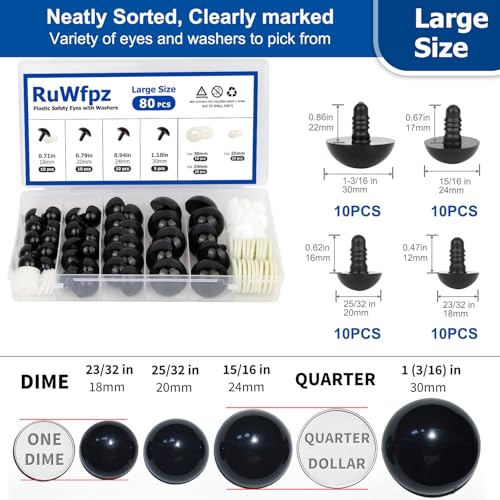 RuWfpz Large Safety Eyes for Crocheting Amigurumi 18-30mm 4 Sizes Black | 80Pcs, Hard Washer, Big Stuffed Animal Eyes with Labeled Storage Box, Plastic Crochet Animals Eyes for Crafts Doll Bear Plush