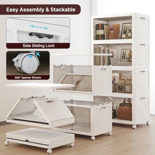 UAMFURI Stackable Storage Bins with Lids, 440QT Lockable Storage Cabinet | Closet Organizers, Foldable Storage Box with Doors and Wheels, Plastic Drawers for Home, Garage, Office (4, White, Plus) - color: White, size: Plus