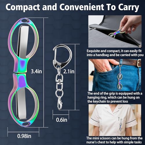 3 Pcs Folding Stainless Steel Mini Badge Scissors with 3 Keychains | Safety Foldable Pocket Travel Small Scissors All Purpose for Nurse Accessories, Travel, Office, Craft, Sewing, Home (Color) - color: Color