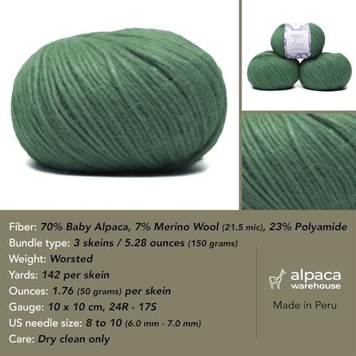 Baby Alpaca Merino Yarn 3 Skeins 150g Worsted Weight Knitting Ch. Green | Pullu baby alpaca merino blend made in Peru 3 skeins 150g 426yd total for knitting and crochet sweaters scarves and hats - color: Christmas Green