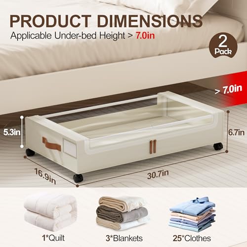 LAMU Under Bed Storage with Wheels, 2Pack Underbed Storage Containers,Beige | Smooth-rolling Wheels, Clear Lid & Label, Sturdy Metal Frame, Easy Install, Rolling Storage Drawers for Clothes, Shoes, Toys - color: Beige, size: 2 Pack