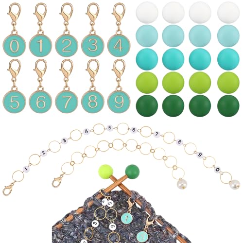 COGCHARGER DIY Knitting Tool Sets 32Pcs Including Alloy Enamel Crochet Stitch Markers Knitting Row Counter Chains Silicone Knitting Needle Stoppers for Knitting Project（Sea Green）