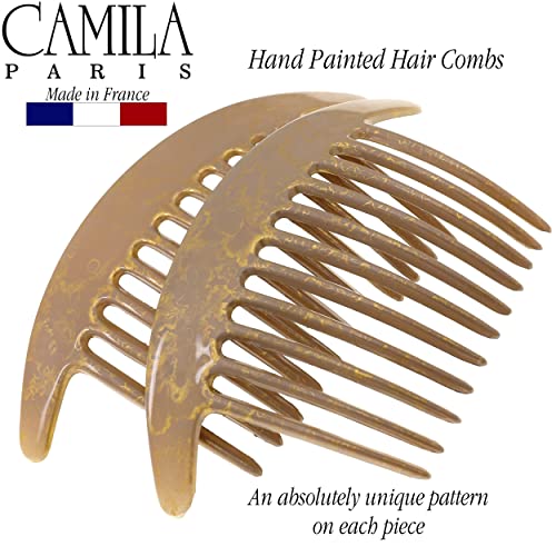 Camila Paris CP2941 French Hair Side Combs, Beige Pearl Interlocking Combs French Twist Hair Combs, Strong Hold Hair Clips for Women Bun Chignon Up-Do, Styling Girls Hair Accessories, Made in France - color: Brown
