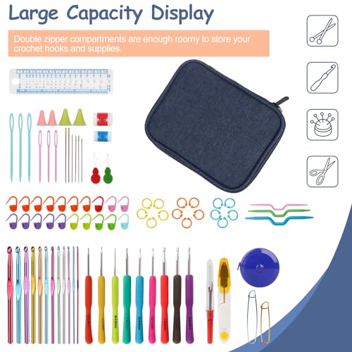 Katech Crochet Hooks Case - Portable Travel Crochets Storage Case Blue | Crochet Hook Holder with Zipper, Web Pocket, and Holders Slots for Various Accessories Crochets Needles - color: Blue