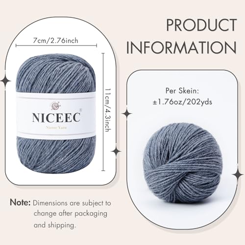 NICEEC 3 Skeins Soft Merino Wool Yarn- Blue | Soft & Warm, Finger Weight, Woolen Yarn for Crochet & Knitting, Total 5.3oz/606yds - color: Blue