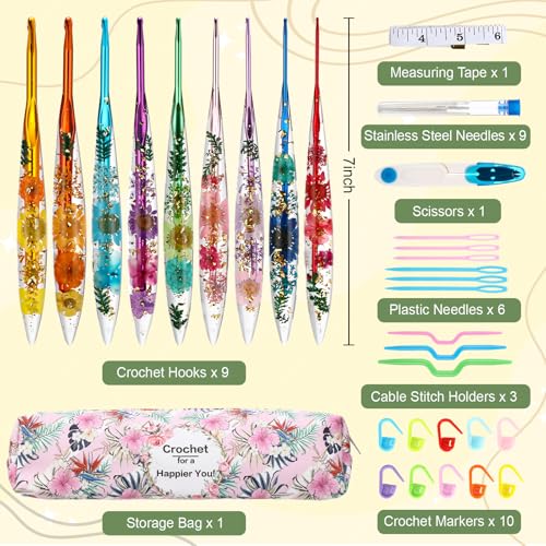 Riceshoot 9 Pcs Crochet Hook Set, 2.0mm-6.0mm Ergonomic Crochet Hooks with Long Floral Handle for Beginners Crocheting Lovers, Includes Storage Bag and Other Accessories - style: Classic