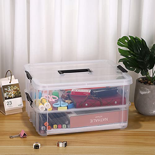 BTSKY 2 Layer Stack & Carry Box, Plastic Multipurpose Portable Storage Container Box Handled Organizer Storage Box for Organizing Stationery, Sewing, Art Craft, Jewelry and Beauty Supplies Black | Multipurpose Craft Organizers and Storage for Organizing S